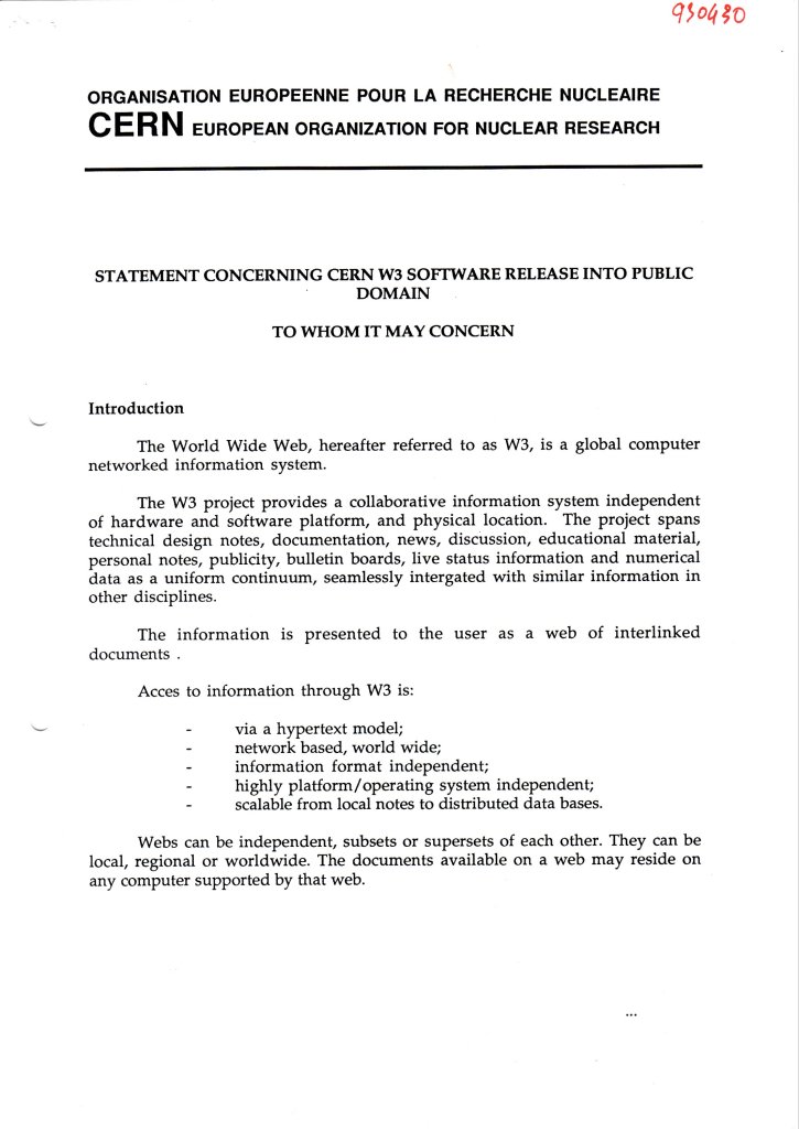 Statement Concerning Cern W3 Software Release Into Public Domain Page 1
